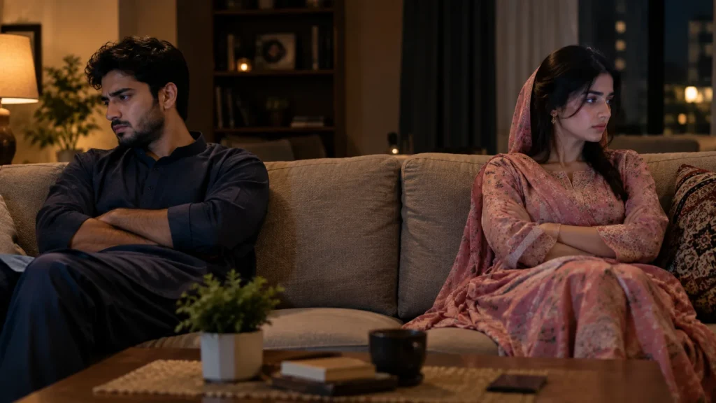 Married couple sitting apart in tense silence after an argument