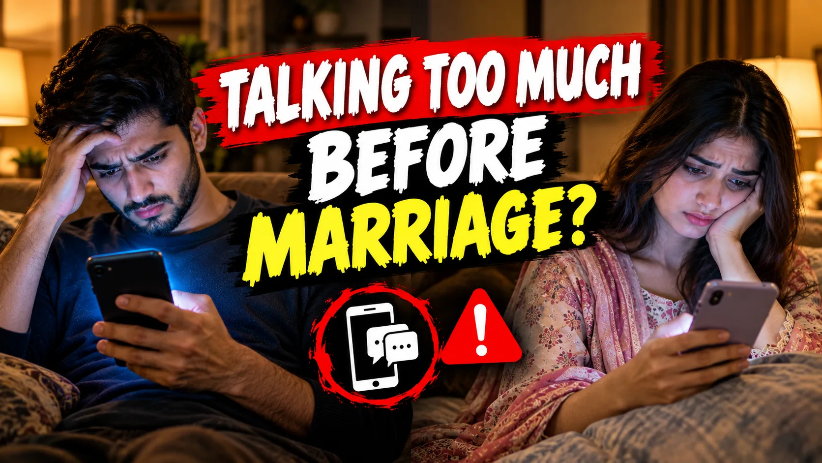 Couple looking stressed while talking on phone late at night before marriage